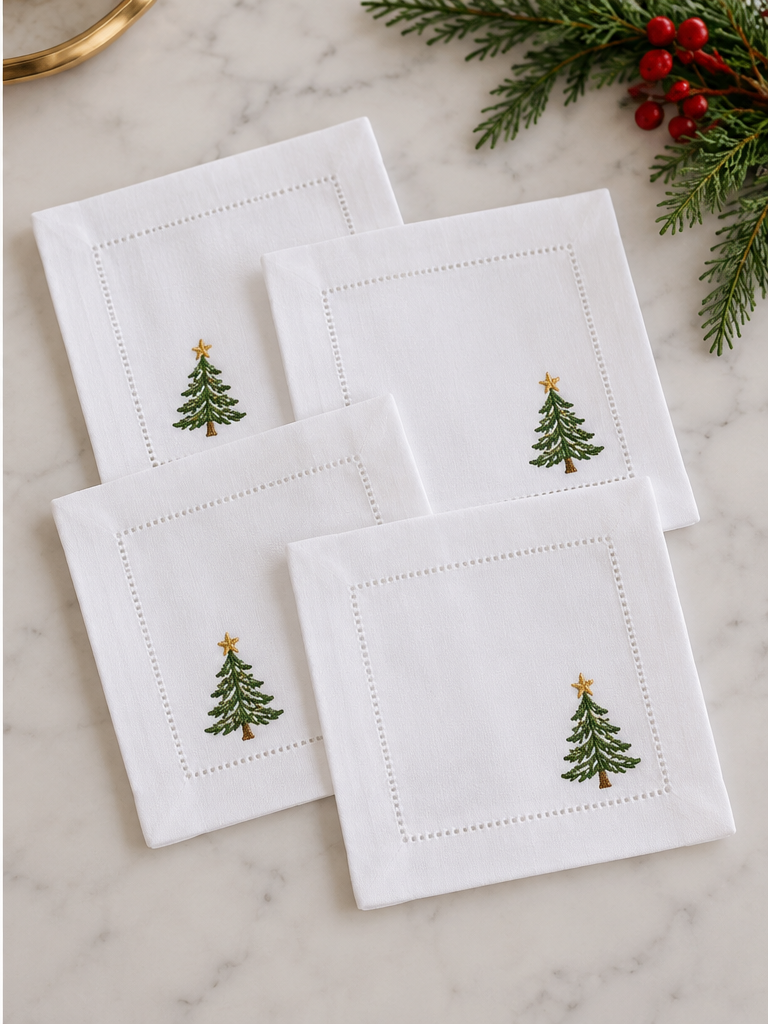 Holiday Embroidered Cocktail Napkins  - Set of 4